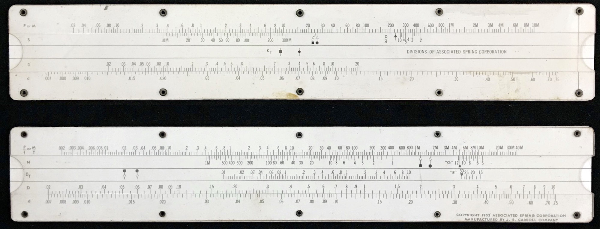 J.B. Carroll spring calculation slide rule, made for Associated Spring Corp, 1952.