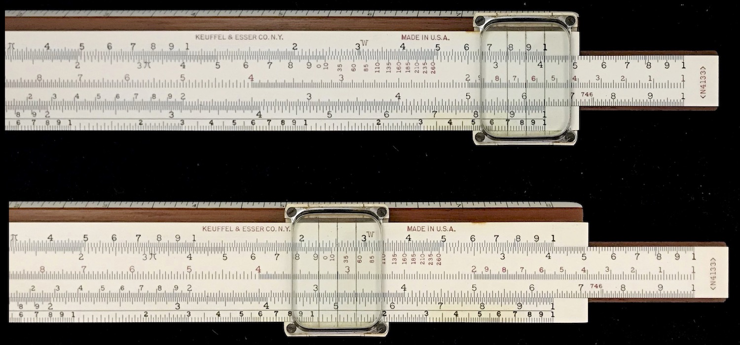 Reading wire information for setting of #14 gauge wire. In the bottom image, the center hairline is set to a temperature of 20 C (red numbers on the B scale), and the resistance is read on the A scale.
