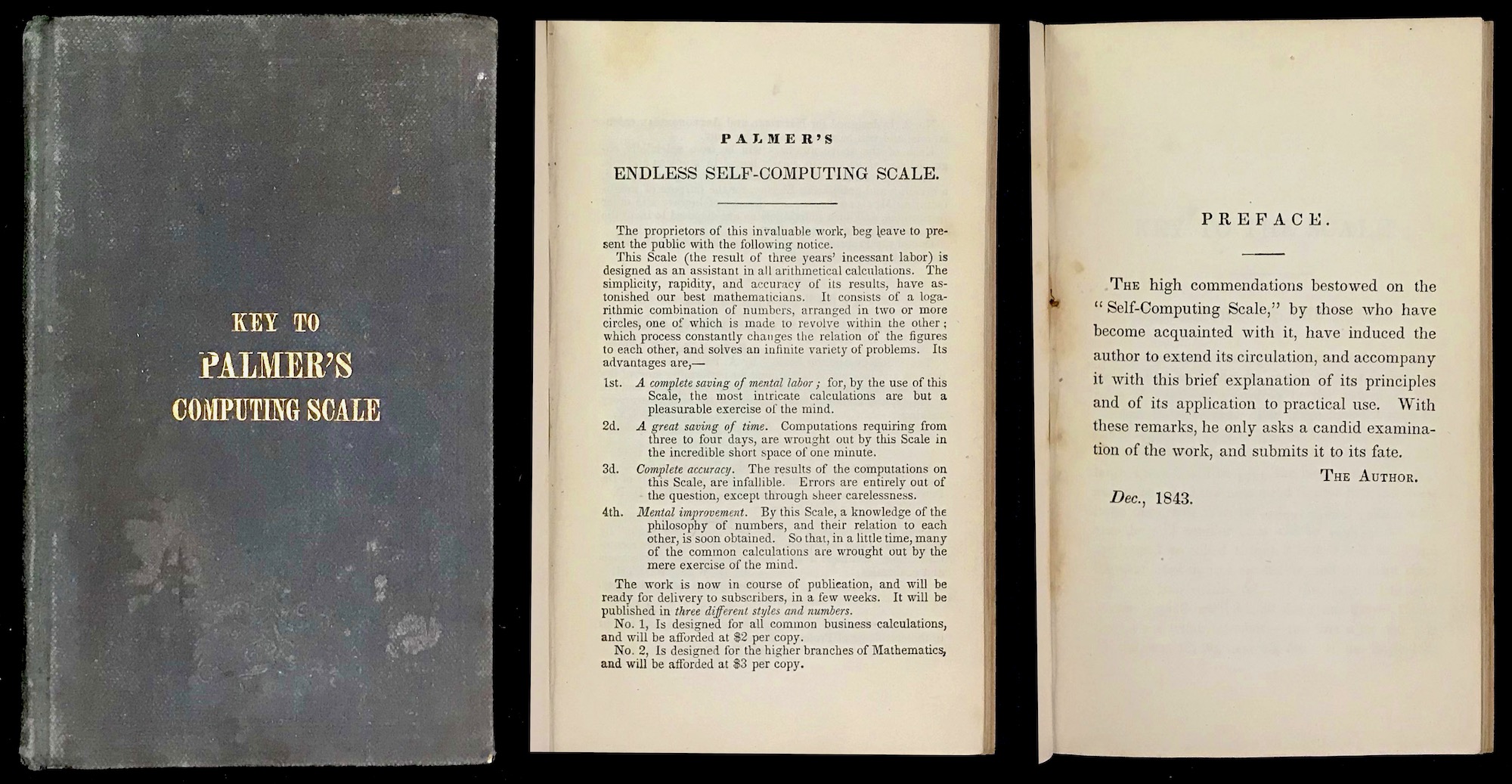 Key to Palmer’s Scale, an 1844 50-page instruction booklet. Left-to-Right are images of the cover, the Introduction, and the Preface of the book.
