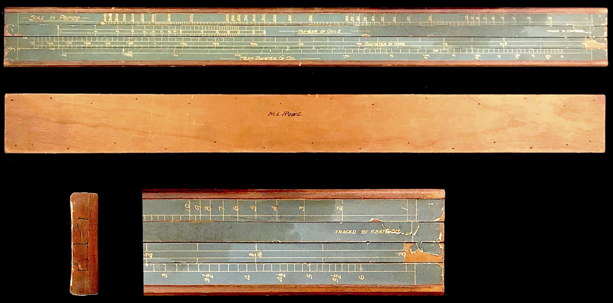Early spring calculation slide rule (date unknown). Likely from the 1940s, the scales were drawn by F. Sandish.