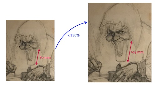 Scaling of a sketch of the Vault Keeper, by Johnny Craig, by 130%.